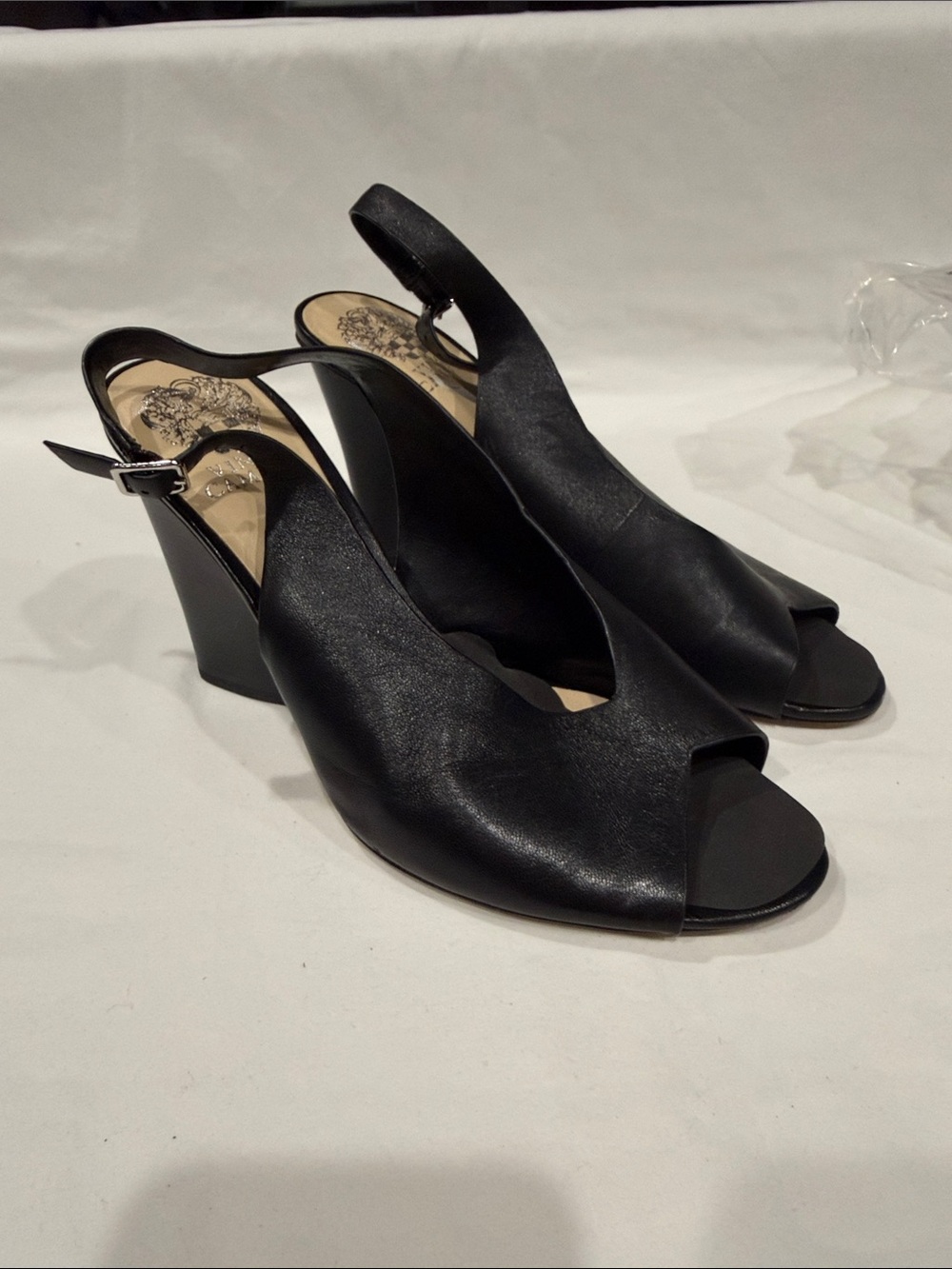 Vince Camuto Black Peep-Toe Slingback Wedge Heels